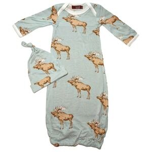MILKBARN Moose Blue 0 3 Mos Sleeper Gown Knot Beanie Hat Rayon From Bamboo NWT